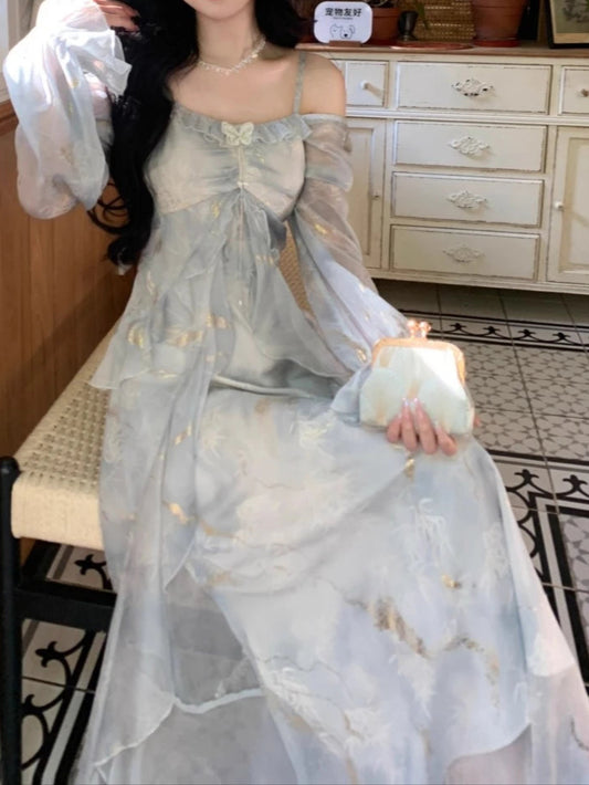 Ethereal Flowing Pastel Blue Dress with Ruffled Long Sleeves & Gold Accents - Lovez Aqua© -