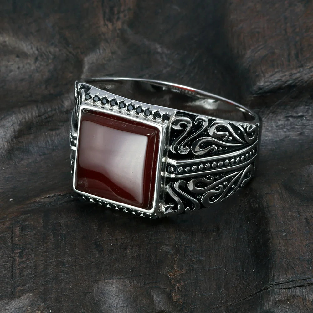 Men's Vintage S925 Sterling Silver Engraved Natural Onyx Stone Square Ring