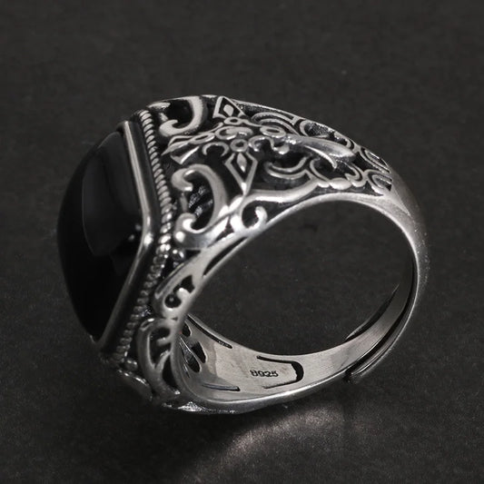 Men's S925 Sterling Silver Vintage Natural Black Onyx Square Hollow Cut Engraved Cross Ring