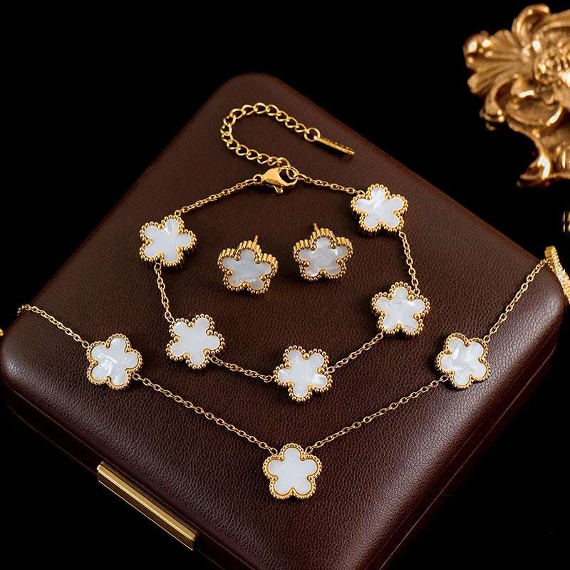 Luxury Black & Gold Five Leaf Clover Flower Necklace, Bracelet & Earrings Set - Lovez Aqua© - White Set