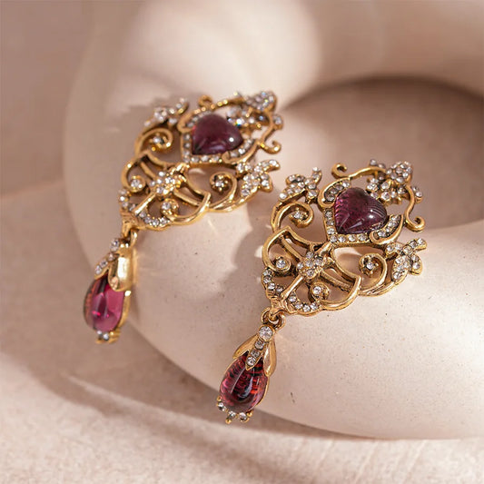 Women's Luxury Antique Gold & Light Magenta Retro Palace Dangle Earrings