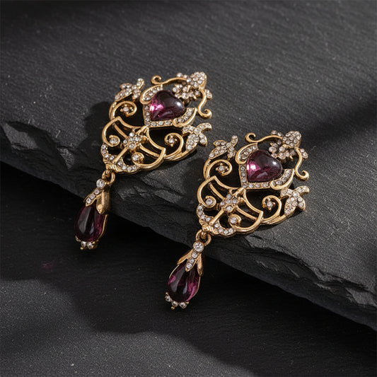 Women's Antique Gold & Magenta Retro Palace Dangle Earrings