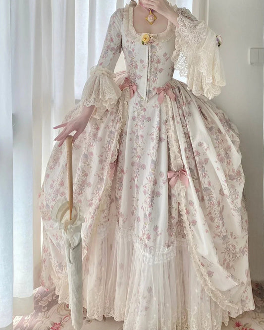 White & Pink Floral Rococo Court Dress 18th Century Inspired Ball Gown with Lace Flared Sleeves