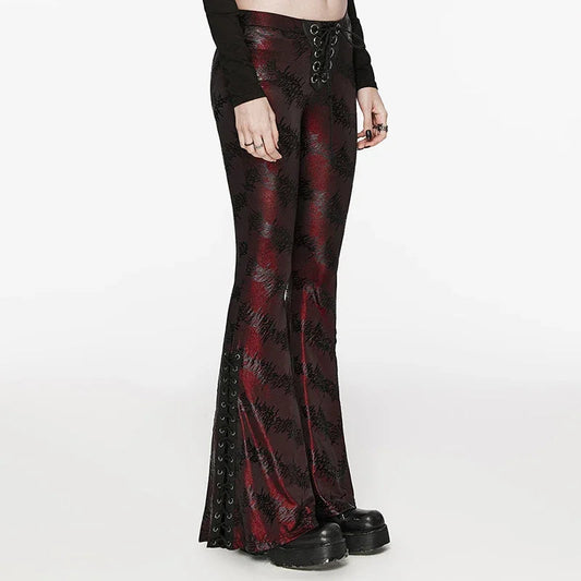 Women's Dark Red & Black Gothic Floral Jacquard Embroidered Metallic Lace-Up Flared  Pants