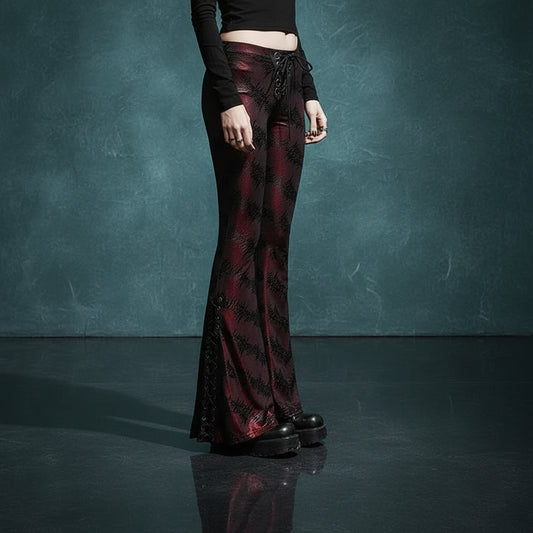 Women's Red & Black Gothic Floral Jacquard Embroidered Metallic Lace-Up Flared Pants