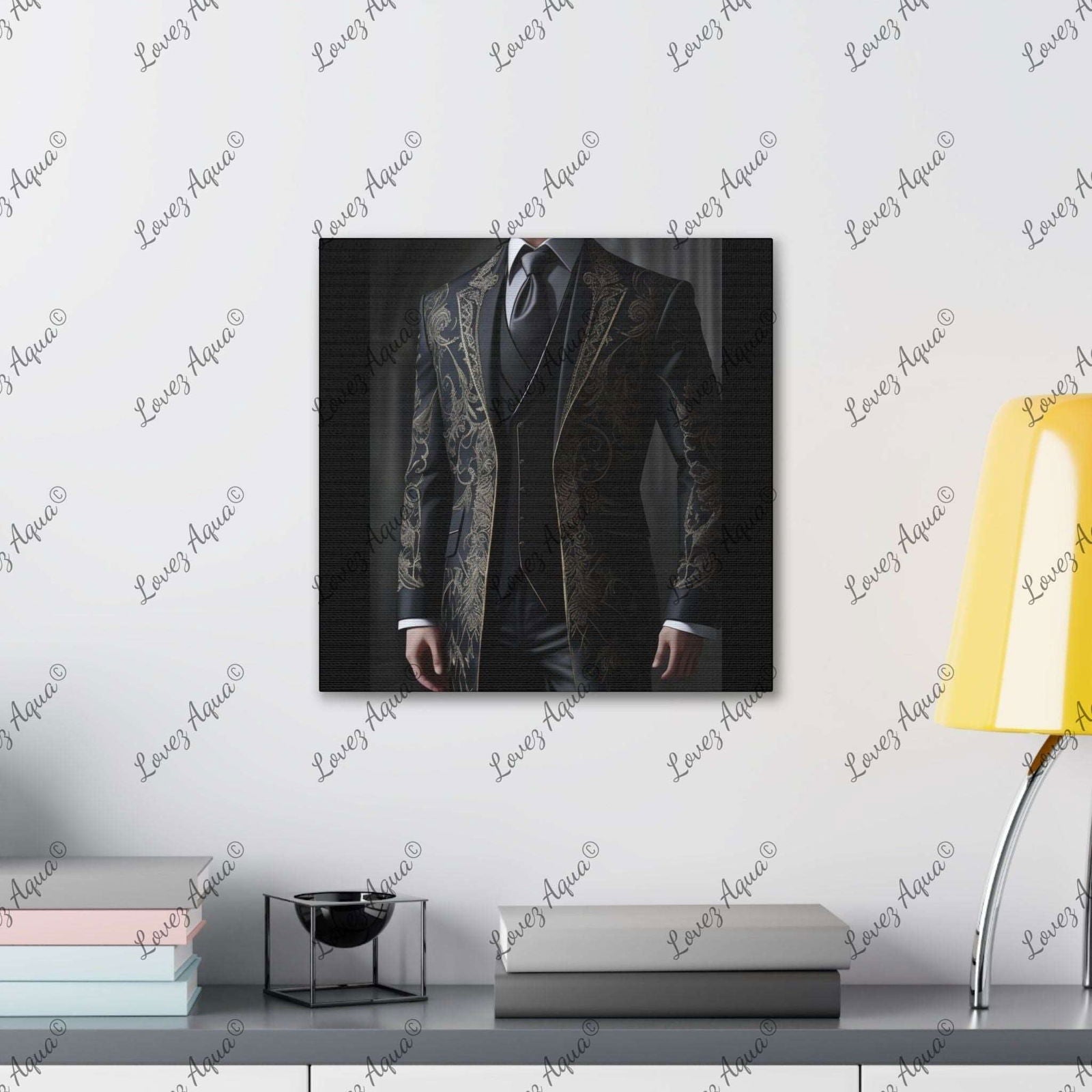 "Sartorial Splendor" Luxurious Men's Gold Lace Suit Acrylic Fashion Painting - Lovez Aqua© - Lovez Aqua© -