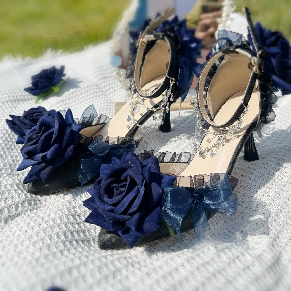 Gothic Dark Blue Rose Faux Leather Women's Pumps with Low Heel & Silver Charms