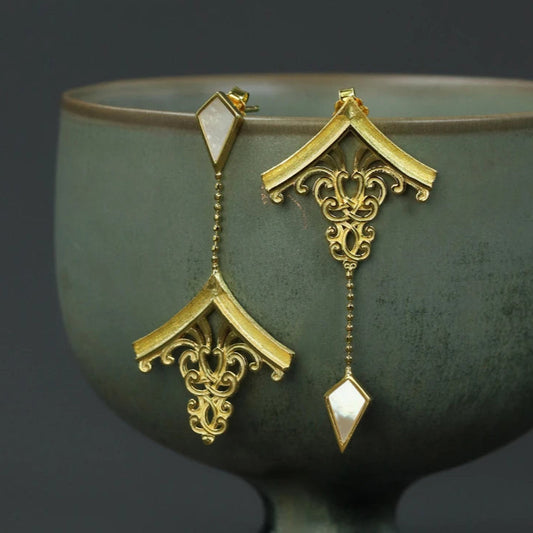 925 Sterling Silver & Mother of Pearl Chinese House Architecture Dangle Earrings - Lovez Aqua© -