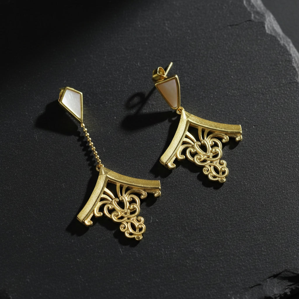 925 Sterling Silver & Mother of Pearl Chinese House Architecture Dangle Earrings - Lovez Aqua© -