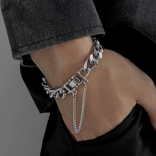 Men's Retro Vintage Silver Cuban Chain Link Bracelet