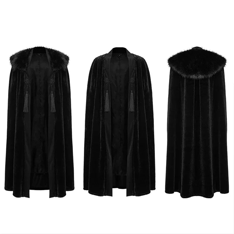 Men's Gothic Black Medieval Renaissance Embroidered Cloak with Fur Lined Collar