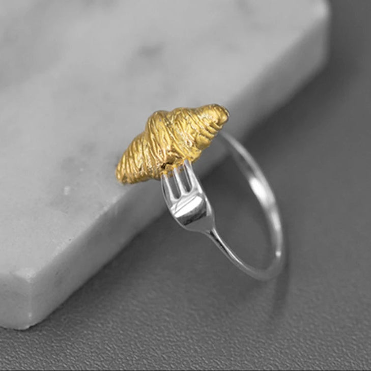 S925 Sterling Silver Two Tone 3D Croissant Fork Women's Open Ring - Lovez Aqua© -