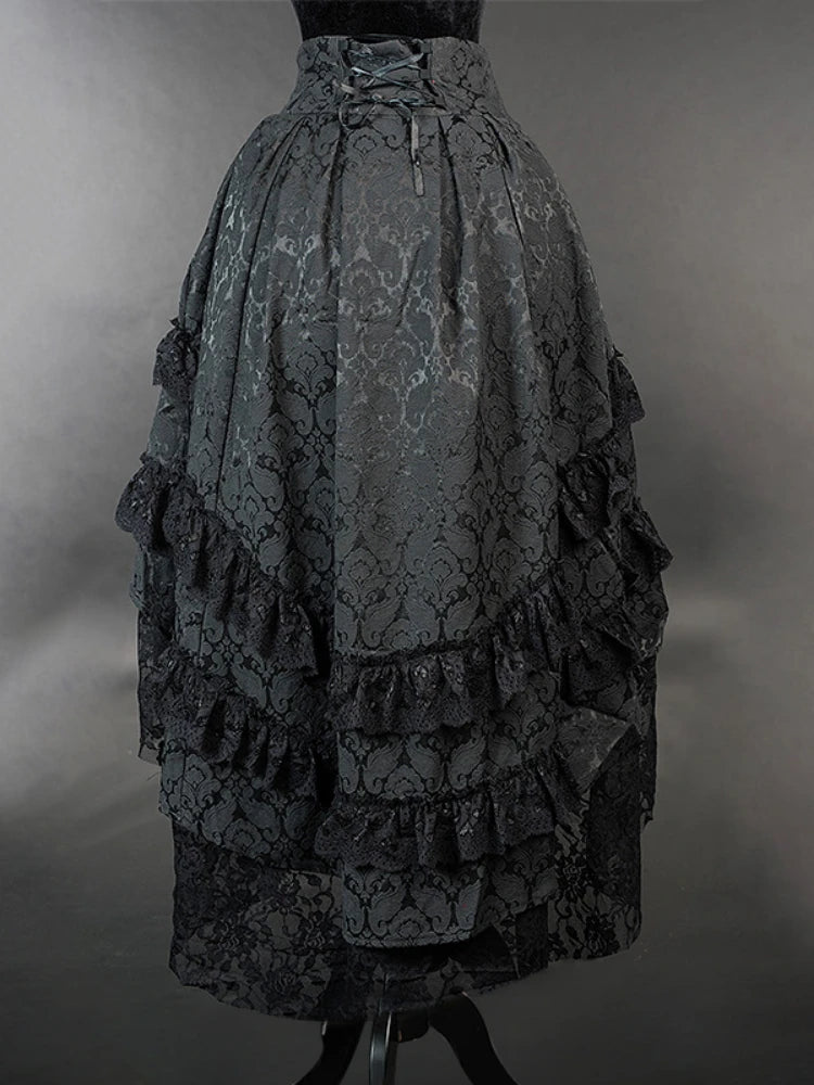 Victorian Gothic High-Low Women's Black Tiered Layered Jacquard Lace Corset Skirt