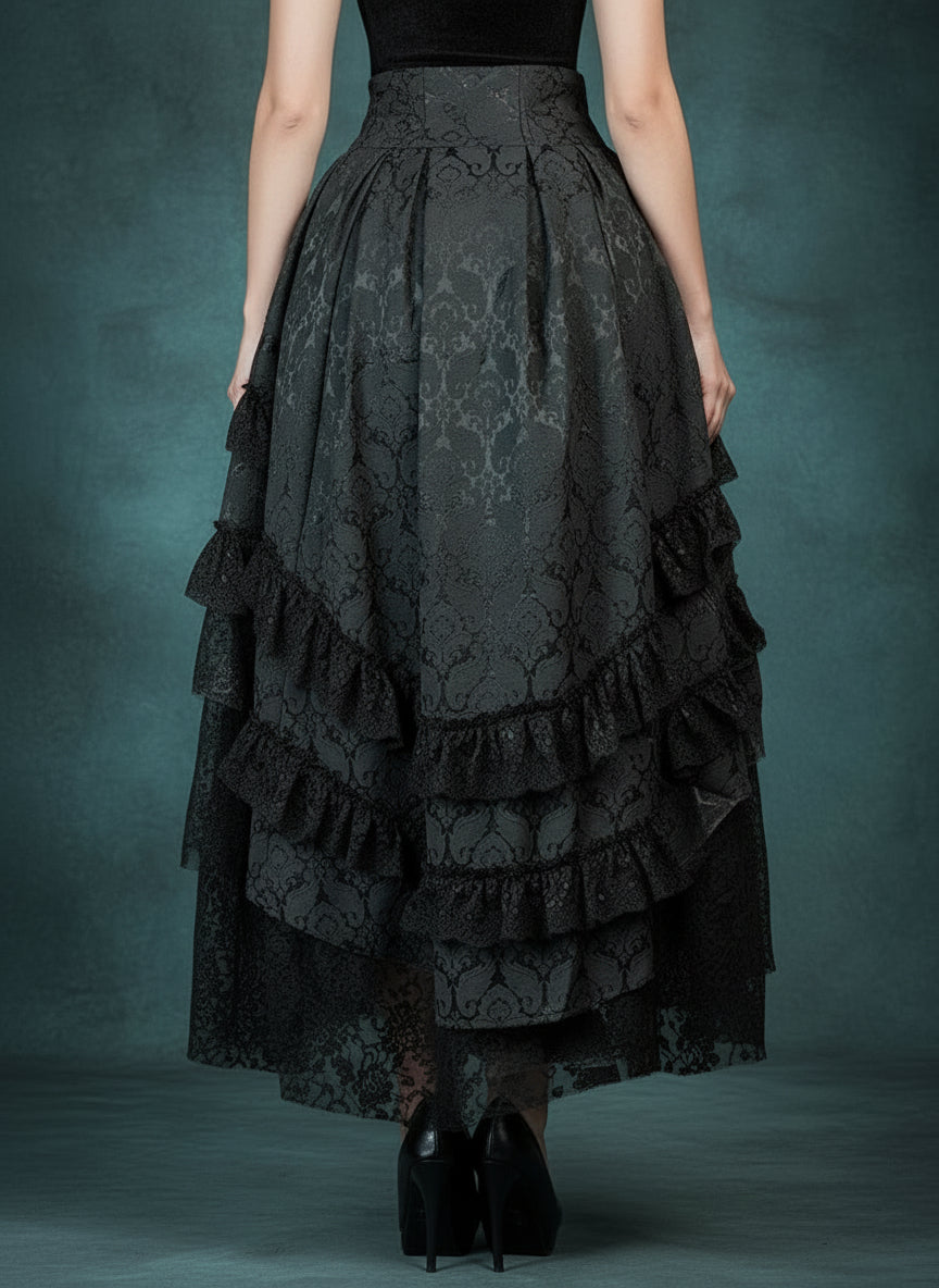 Victorian Gothic High-Low Women's Black Tiered Layered Jacquard Lace Corset Skirt