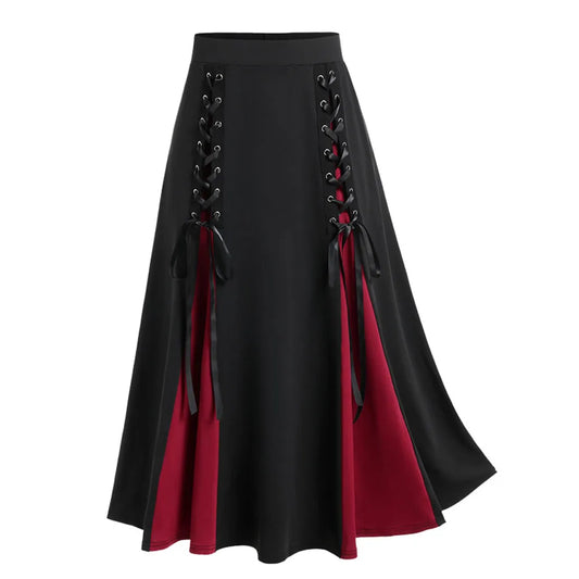 Victorian Gothic Women's Lace-Up A-Line Skirt with Elegant Godet Panels