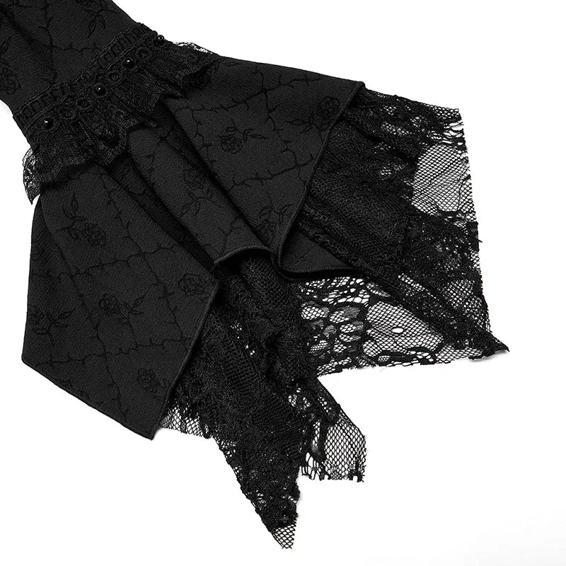 Victorian Roses & Thorns Embroidered Black Jacquard Gothic Nobility Gown with Flared Lace Sleeves