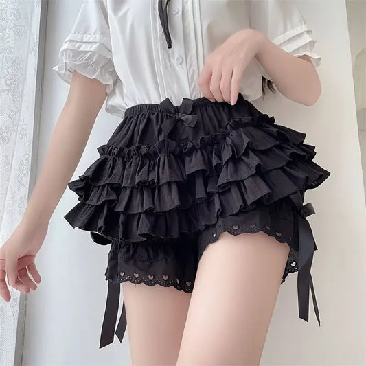 Vintage Lolita Style Pleated Heart Patterned Ruffle Women's Bloomers Panties