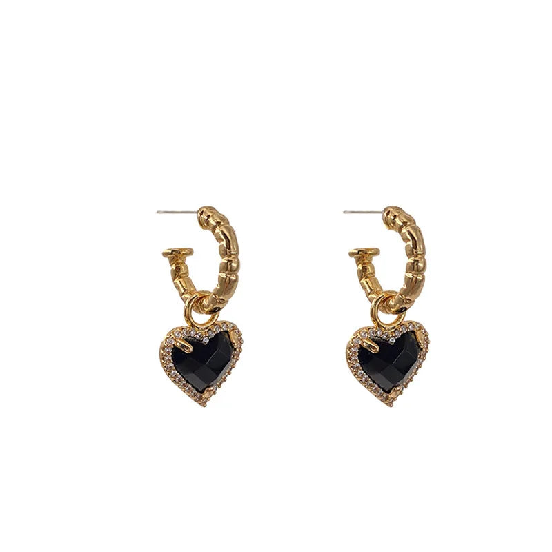 Women's Elegant Gold & Black Zircon Heart Drop Hoop Earrings - Lovez Aqua© -
