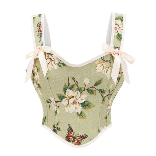 Vintage Victorian Green Floral Butterfly Print Overbust Corset Top with Ribbon Straps