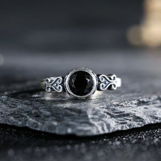 Vintage S925 Sterling Silver Black Spinel Women's Natural Gemstone Ring