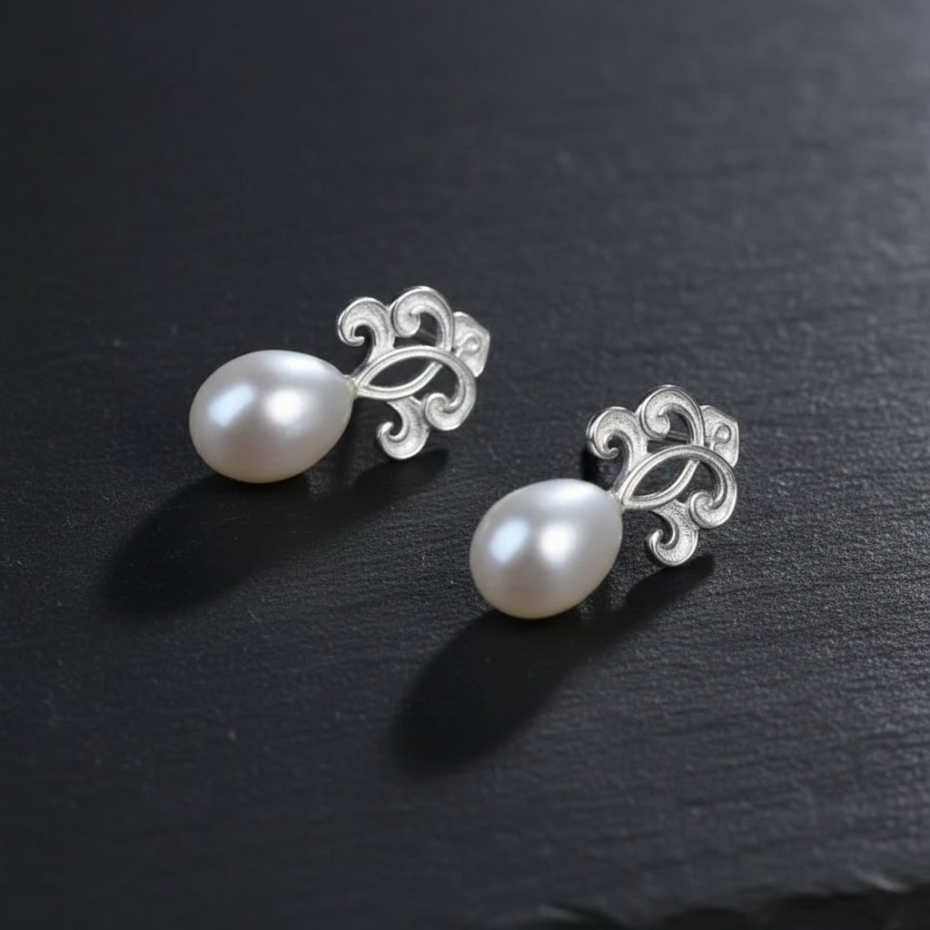 Women's 925 Sterling Silver Natural Pearl Vintage Filigree Water Drop Earrings - Lovez Aqua© -