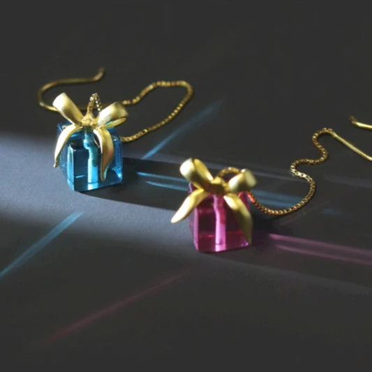 925 Sterling Silver Colorful Crystal Glass Christmas Presents Dangle Earrings - Lovez Aqua© -