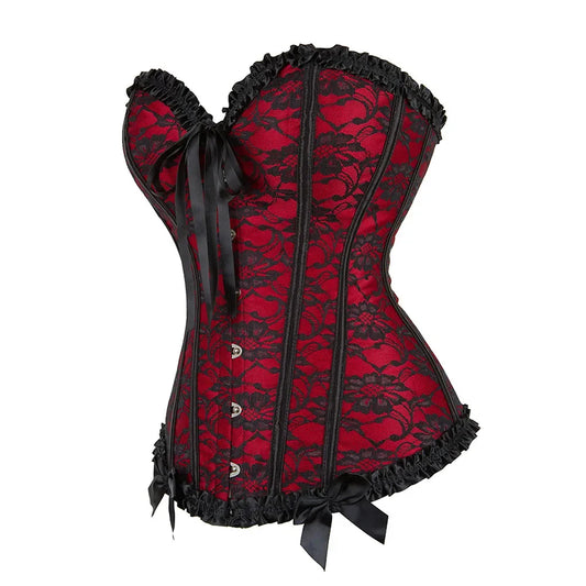 Gothic Victorian Floral Jacquard Boned Bustier Corset Top with Satin Trim