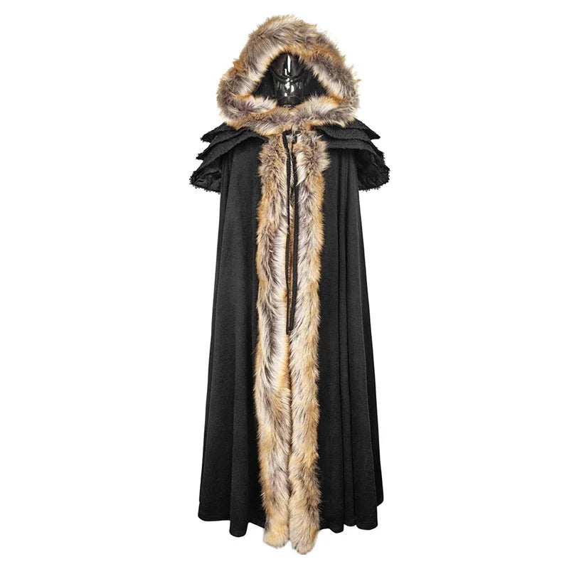 Gothic Renaissance Fur-Trimmed Hooded Women's Medieval Cloak with Ruffled Collar