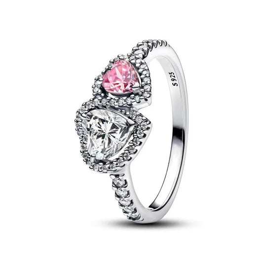 Pandora Replica Halo Hearts S925 Sterling Silver Double Heart Zircon Ring - Pandora - Pink / 6
