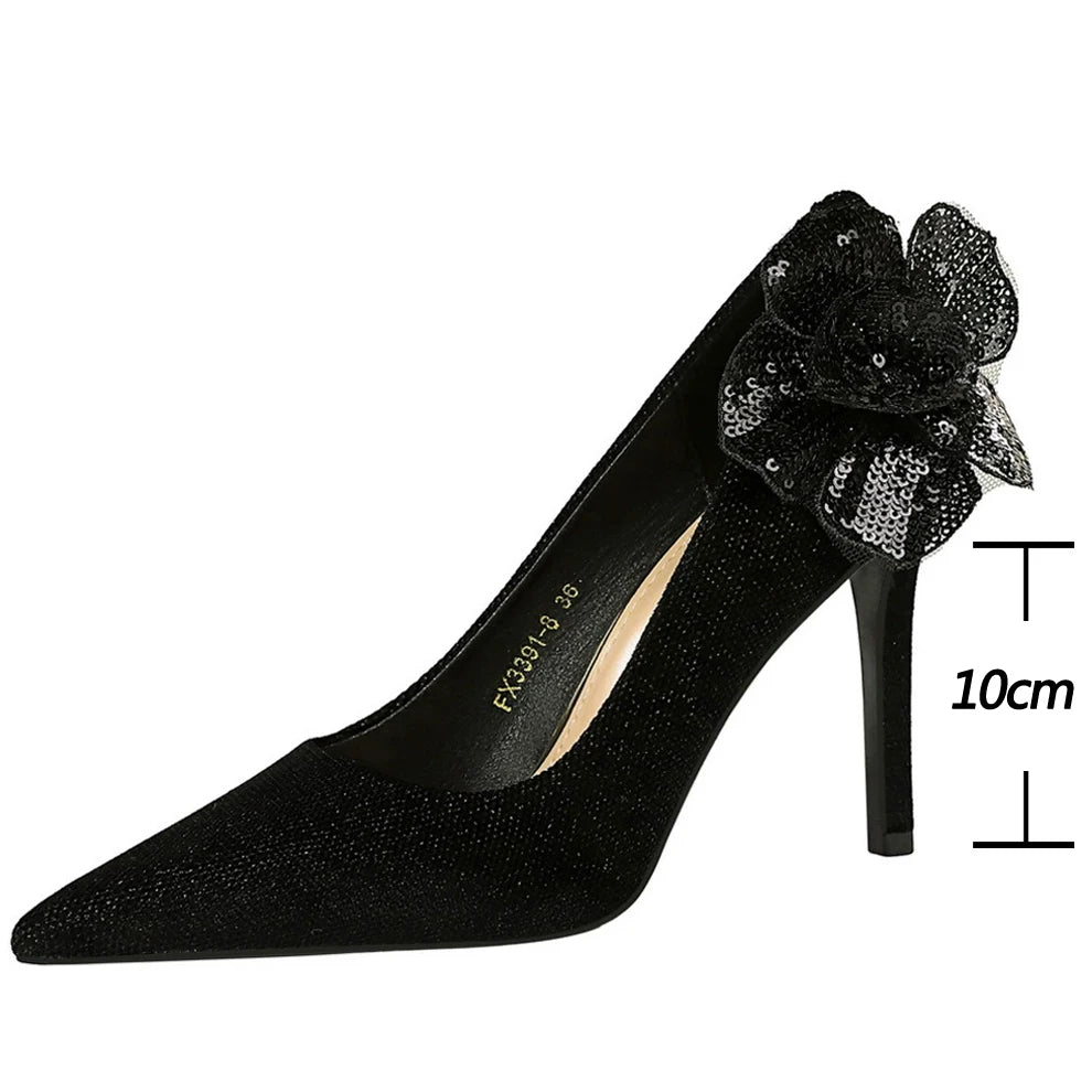 Luxury Women's Black Suede & Lace Flower Stiletto High Heel Pumps