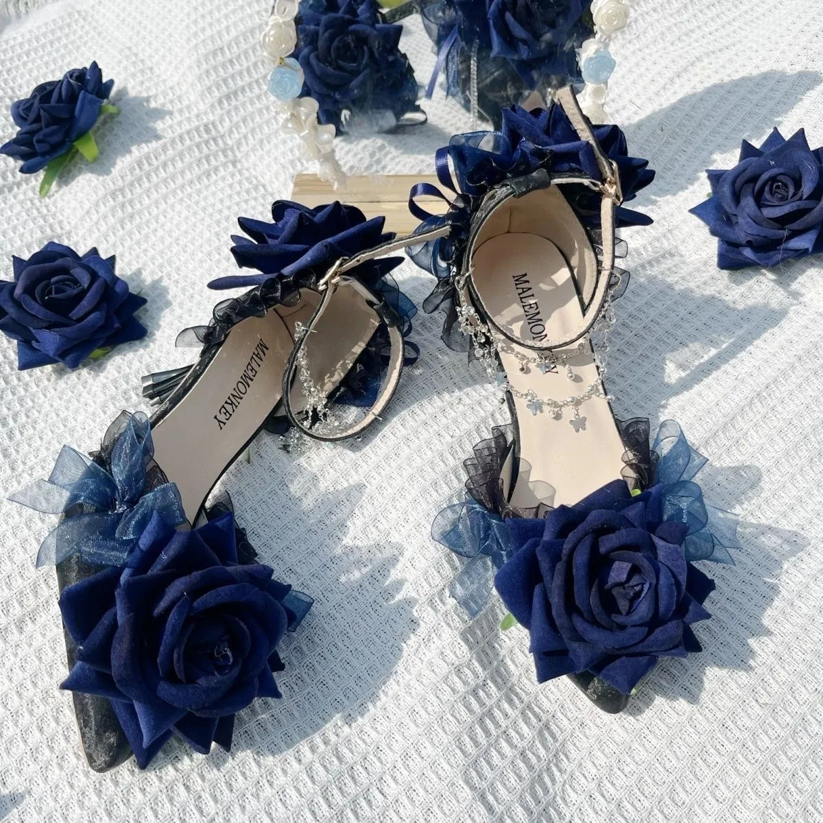 Gothic Dark Blue Rose Faux Leather Women's Pumps with Low Heel & Silver Charms