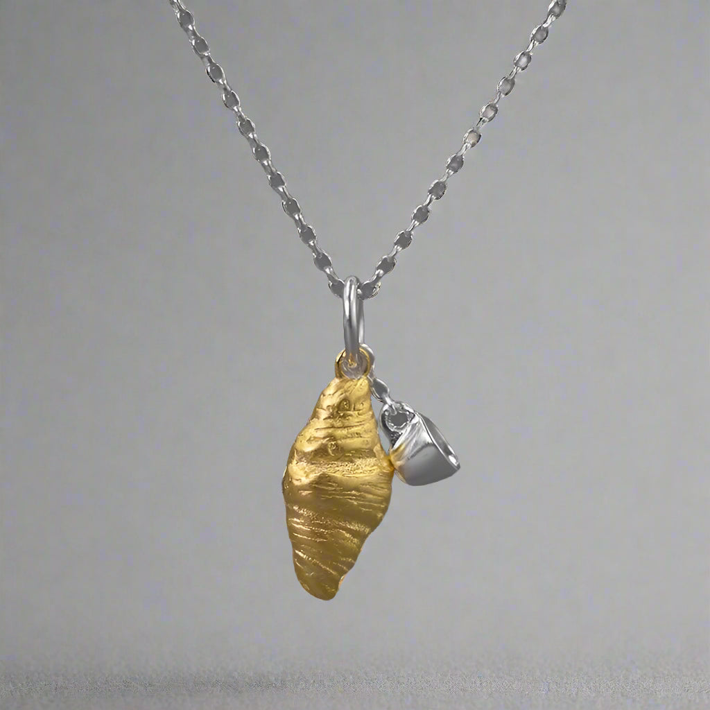 S925 Silver Two Tone 3D Gold Croissant & Tea Cup Women's Pendant Charm - Lovez Aqua© -