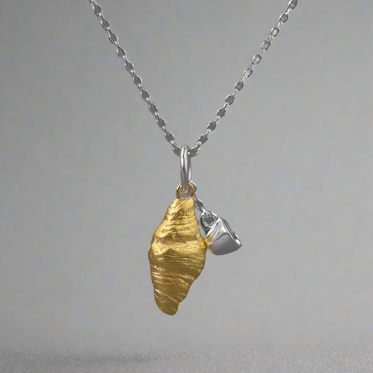 S925 Silver Two Tone 3D Gold Croissant & Tea Cup Women's Pendant Charm - Lovez Aqua© -