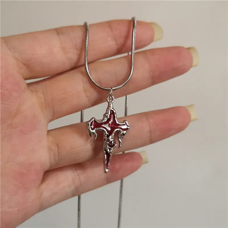 Vintage Gothic Red Love Heart Cross Pendant Snake Chain Necklace - Lovez Aqua© - 3