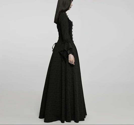 Victorian Roses & Thorns Embroidered Black Jacquard Gothic Nobility Gown with Flared Lace Sleeves
