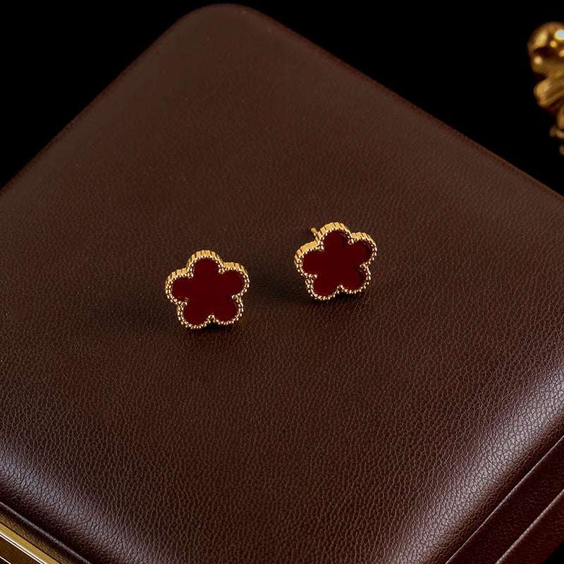 Luxury Black & Gold Five Leaf Clover Flower Necklace, Bracelet & Earrings Set - Lovez Aqua© - Red Earrings