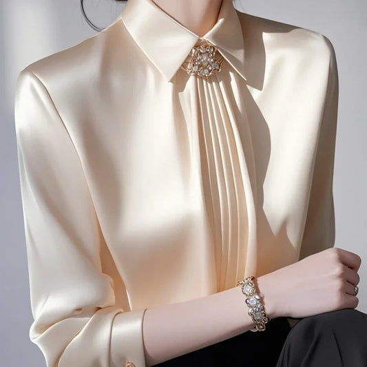 Elegant Champagne Gold Satin Women's Blouse with Pleated Front & Pearl Brooch