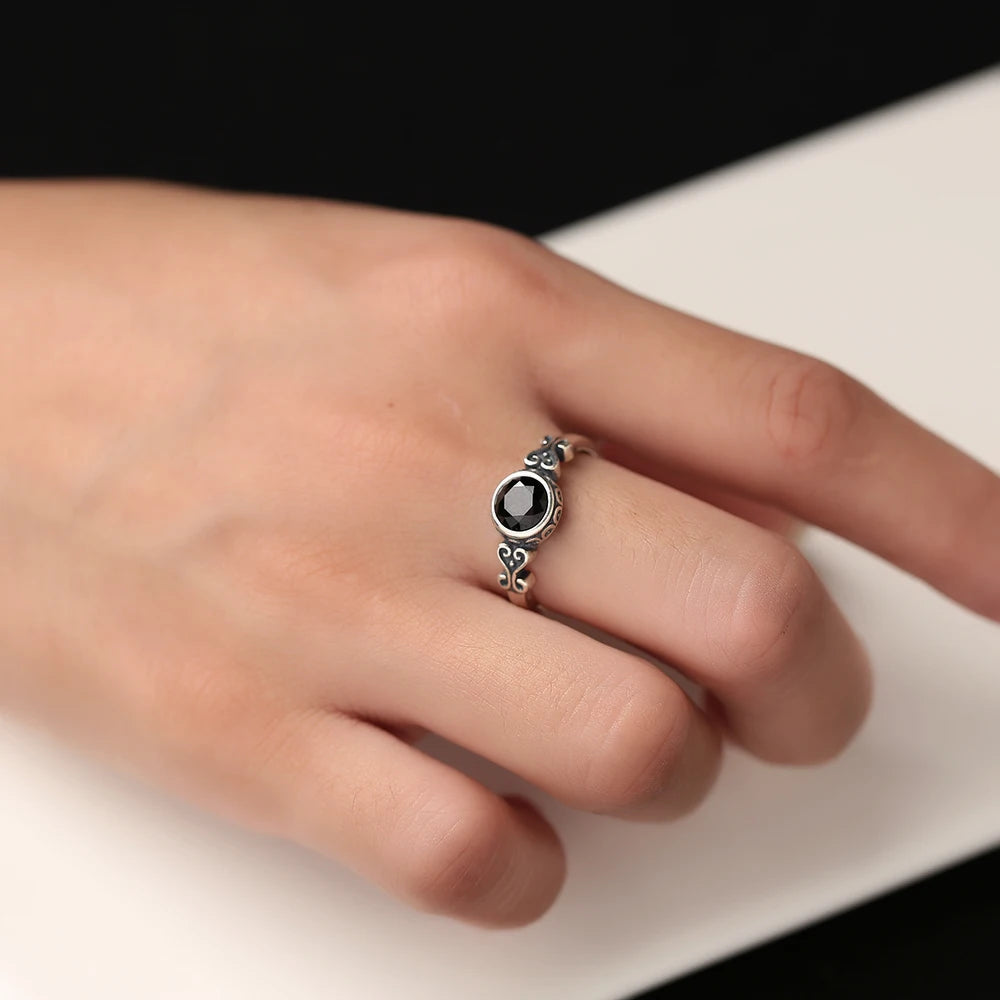 Vintage S925 Sterling Silver Black Spinel Women's Natural Gemstone Ring