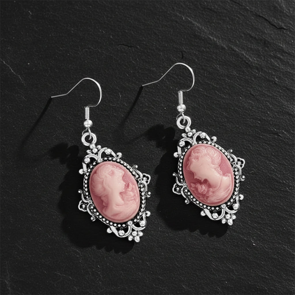 Women's Victorian Cameo Antique Portrait Edwardian Silver Filigree Drop Earrings