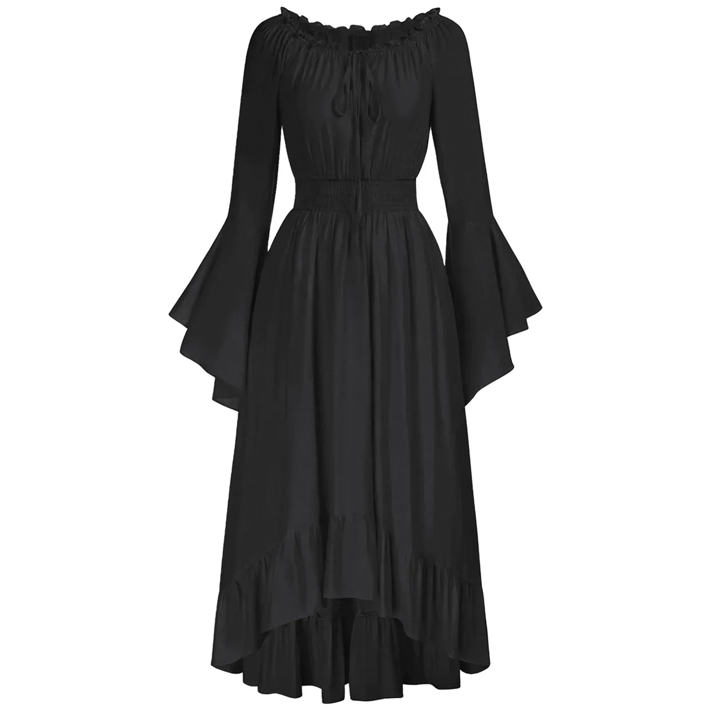 Vintage Medieval Renaissance Women's Maxi A-Line Dress with Long Flared Sleeves & Lace Collar