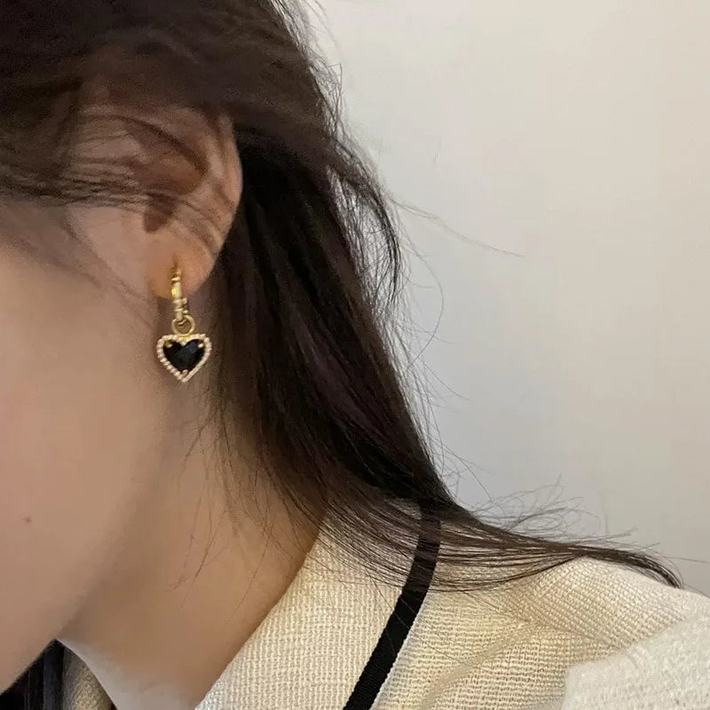 Women's Elegant Gold & Black Zircon Heart Drop Hoop Earrings - Lovez Aqua© -