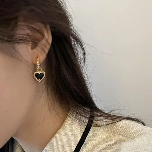 Women's Elegant Gold & Black Zircon Heart Drop Hoop Earrings - Lovez Aqua© -