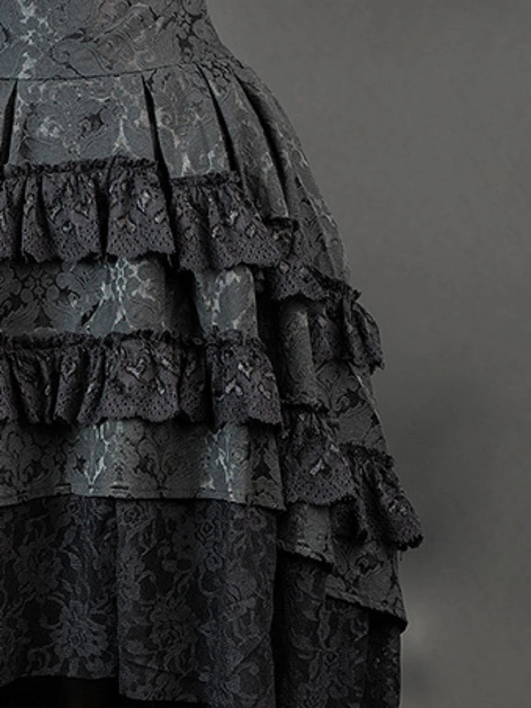 Victorian Gothic High-Low Women's Black Tiered Layered Jacquard Lace Corset Skirt