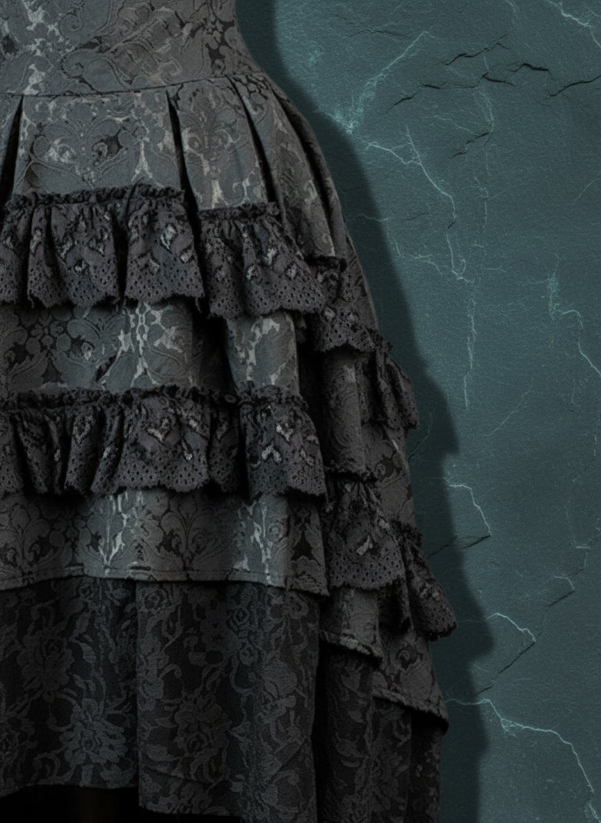 Victorian Gothic High-Low Women's Black Tiered Layered Jacquard Lace Corset Skirt