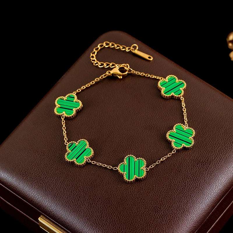 Luxury Black & Gold Five Leaf Clover Flower Necklace, Bracelet & Earrings Set - Lovez Aqua© - Green Bracelet