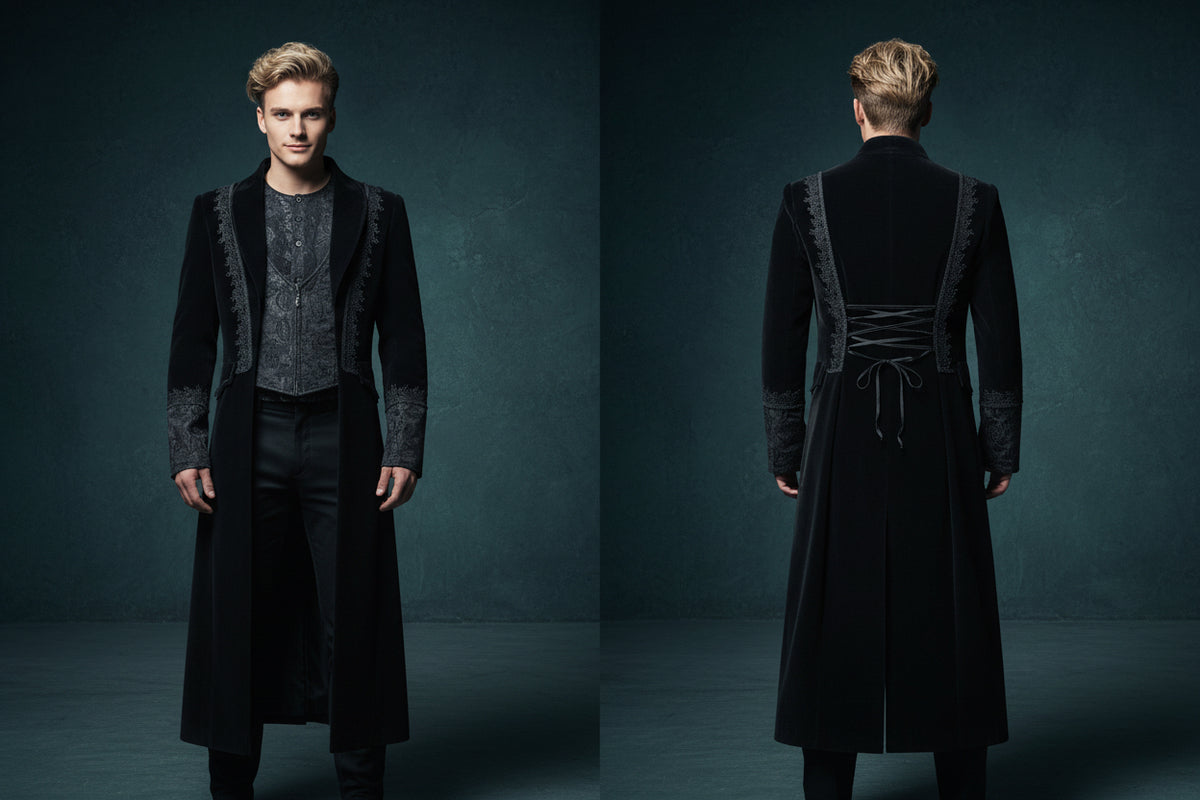 Men’s Gothic Renaissance Velvet Jacquard Slim-Fit Medium-Length Aristocrat Coat