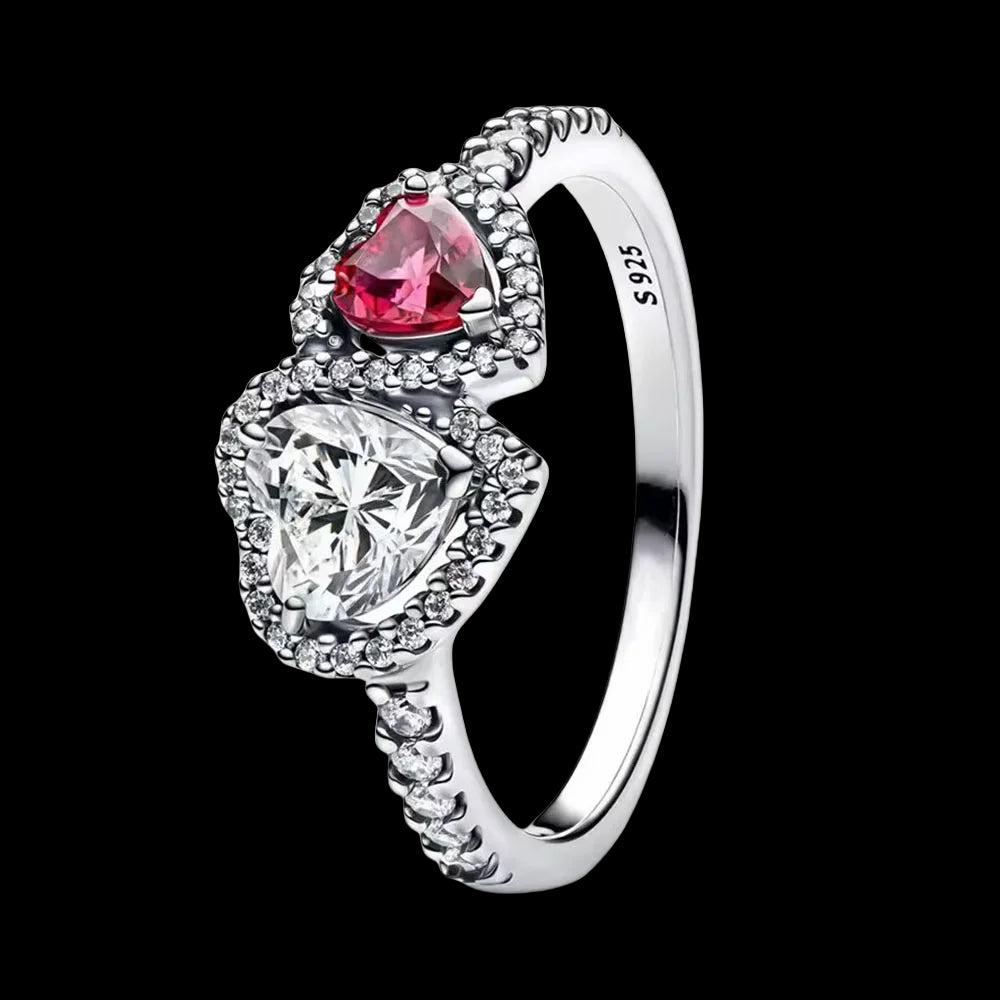 Pandora Replica Halo Hearts S925 Sterling Silver Double Heart Zircon Ring - Pandora - Red / 6