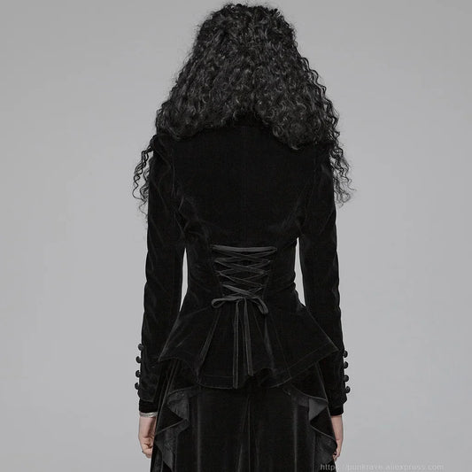 Women's Gothic Black Velvet Embroidered Victorian Short Jacket with Lace & Puffed Shoulders