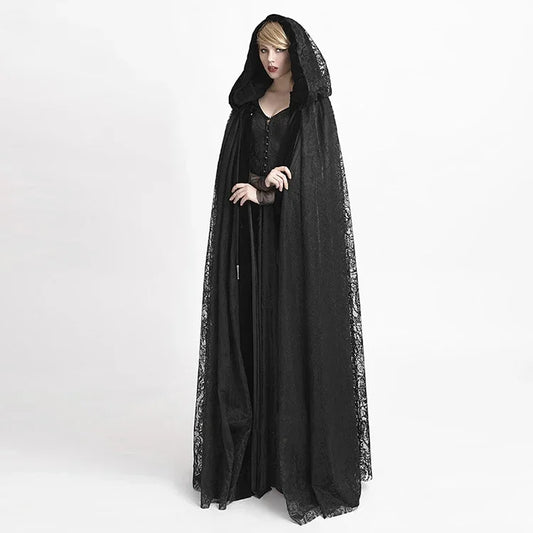 Victorian Gothic Floral Lace Hooded Cloak – Dark Fantasy Witch Medieval Cape