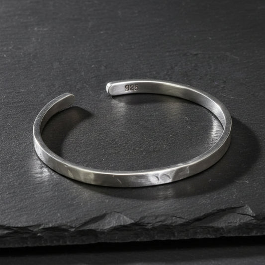 Men's 925 Sterling Silver Hammered Polished Cuff Bangle